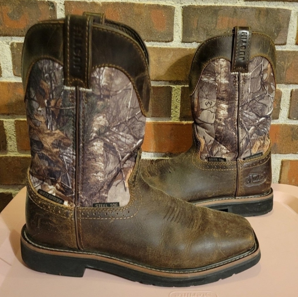 JUSTIN MENS STEEL TOE STAMPEDE TREKKER CAMO WATERPROOF PULL-ON WORK BOOTS 9.5D